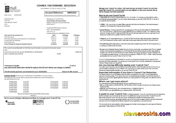 United Kingdom Hull City Council business utility bill, 2 pages